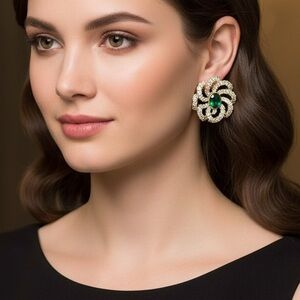 Vintage Emerald And Clear Crystal Round Floral Pendant Earrings